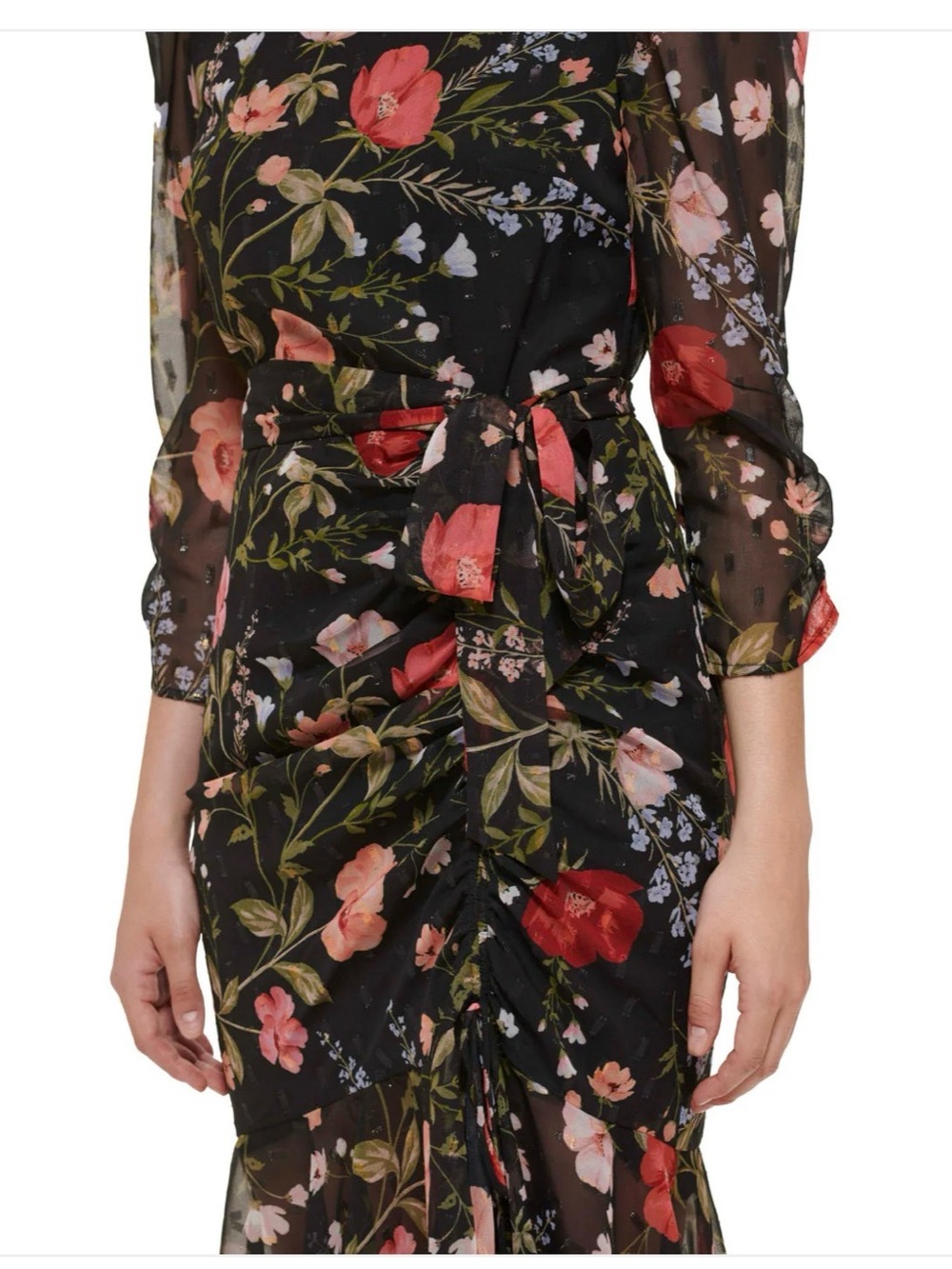 Eliza J Black Sheer Floral Tie-Waist Midi Dress with Pink & Red Blooms